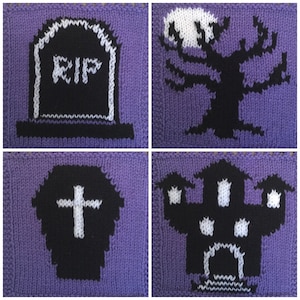 May include: Four knitted squares featuring Halloween themes. The first square depicts a black tombstone with a white "RIP" inscription on a purple background. The second square shows a black tree with a white moon on a purple background. The third square shows a black coffin with a white cross on a purple background. The fourth square shows a black haunted house with white windows on a purple background.
