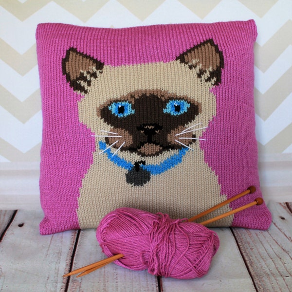 Knitting Pattern PDF Download - Siamese Cat Pet Portrait Pillow Cushion Cover
