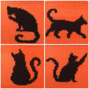 May include: Four orange knitted squares with black cat silhouettes. Each square features a different cat pose, including a curled-up cat, a cat walking, a cat sitting, and a cat stretching.