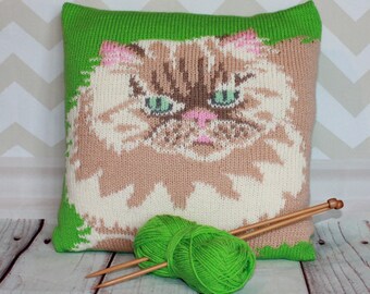 Knitting Pattern PDF Download - Cameo Persian Cat Pet Portrait Pillow Cushion Cover