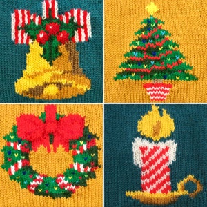 May include: A knitted Christmas sweater with four different designs: a bell, a Christmas tree, a wreath, and a candle. The sweater is made of a soft, warm yarn and features a variety of colors, including red, green, white, and gold.