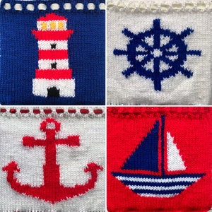 May include: Four knitted squares with nautical themes. The top left square is blue with a red and white lighthouse. The top right square is white with a blue and white ship's wheel. The bottom left square is white with a red anchor. The bottom right square is red with a blue and white sailboat.