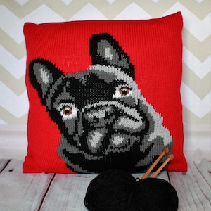 Scarica il PDF del modello di lavoro a maglia - Fodera per cuscino con ritratto di animali domestici Frenchie/Bulldog francese