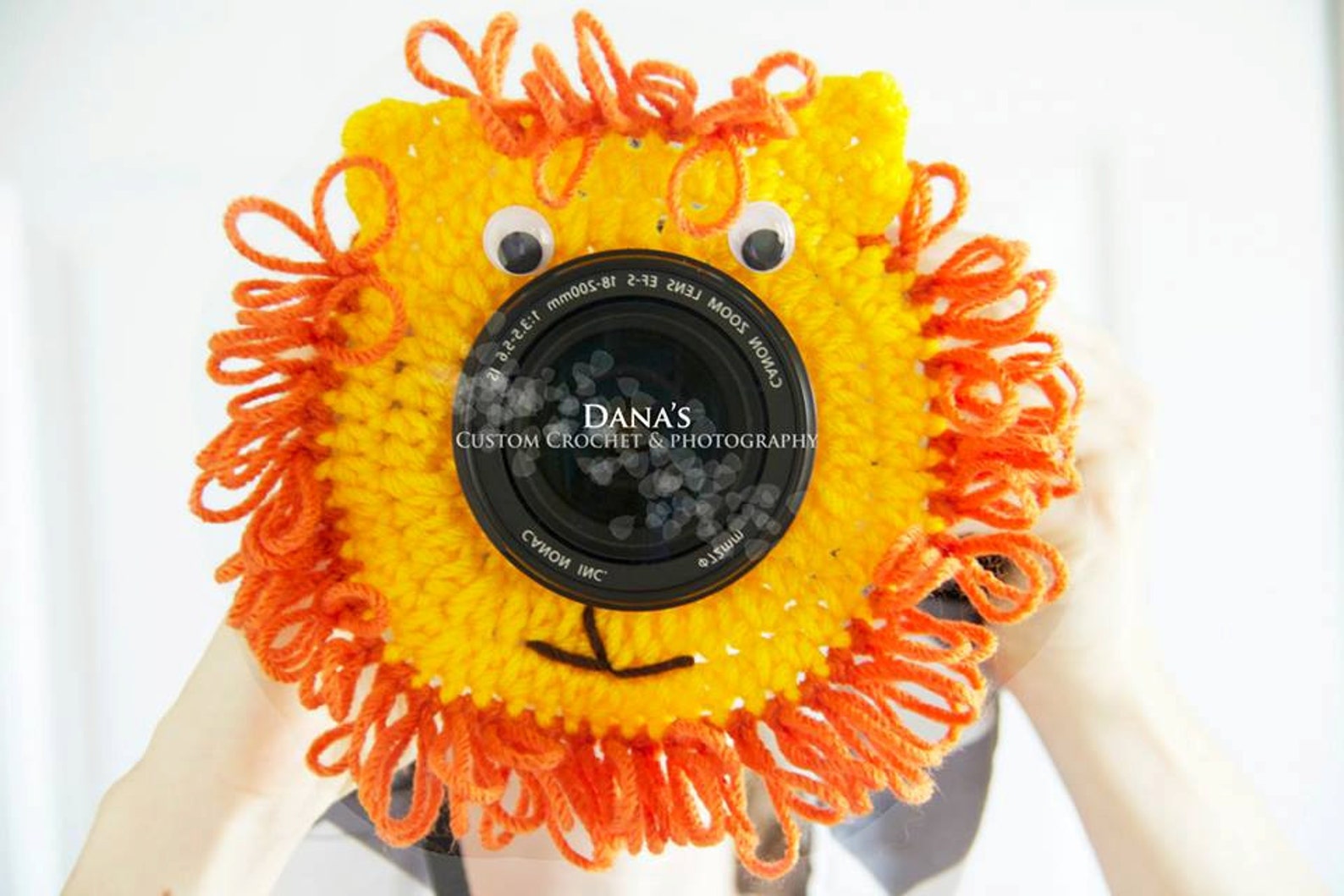 Crocheted lion on a camera