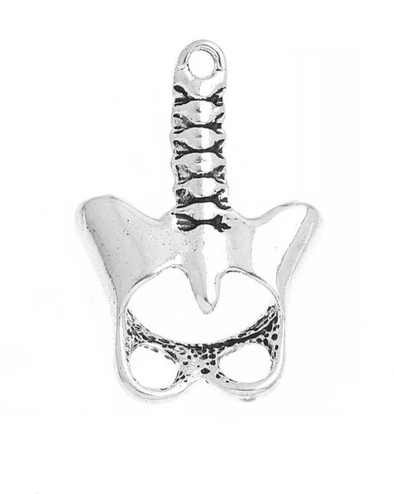 Puede incluir: Un dije plateado con forma de pelvis humana y columna vertebral inferior. El dije tiene un lazo en la parte superior para sujetarlo a un collar o pulsera. El dise&ntilde;o es detallado, con v&eacute;rtebras visibles y la estructura de la pelvis.