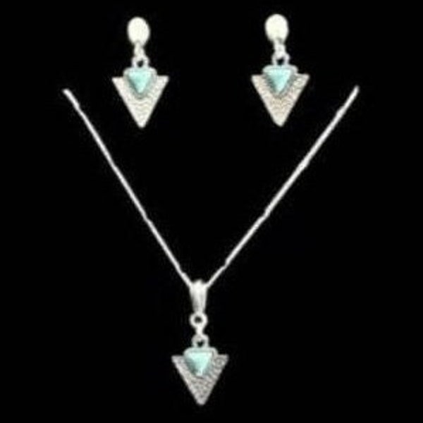 Art Deco Turquoise Necklace and Earrings Set, Silver Tone