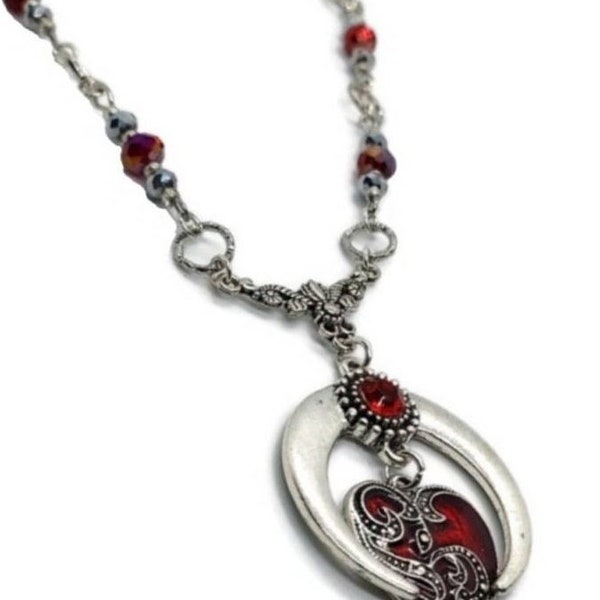 Goth Style Necklace, Gothic Style Necklace, Red Gothic Necklace, Red Goth Necklace, Red Necklace, Red Heart Necklace, Romantic Pendant
