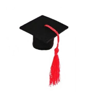 May include: A black graduation cap with a red tassel. The cap is made of felt and has a square shape. The tassel is made of a soft, silky material.