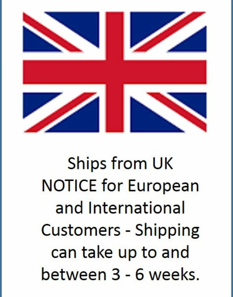Puede incluir: Un gr&aacute;fico rectangular con la bandera del Reino Unido, la Union Jack, en rojo, blanco y azul. El texto debajo dice "Env&iacute;os desde el Reino Unido" y un aviso sobre los tiempos de env&iacute;o.