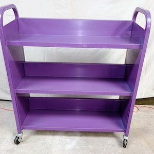 Old School Library Book Cart with 3-Shelves on 1-Side, **Local Pickup Only ** Sturdy Steel Construction, Purple Finish, Small Book Cart