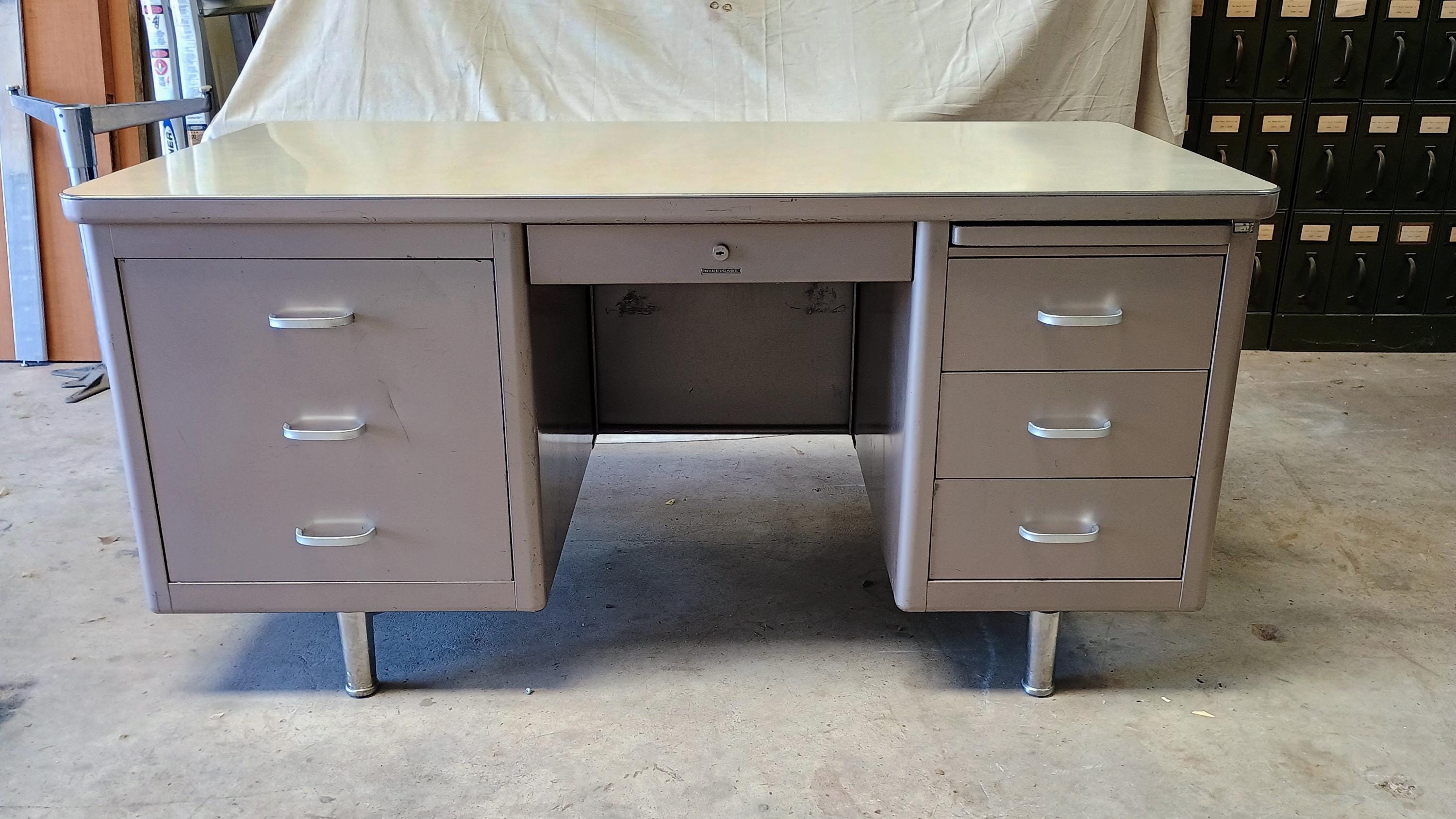Vintage Tanker Desk by SteelCase, **Local P/U Only**, 2 Pedestal Tanker Desk with Typewriter Shelf, Brown Finish, Nice condition, Steampunk