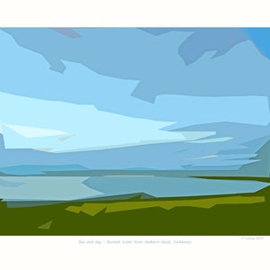 Puede incluir: Pintura abstracta de una escena de mar y cielo con un campo verde en primer plano. El cielo es azul claro con nubes blancas. El mar es azul claro con un horizonte azul oscuro. El campo es verde oscuro.