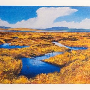 Puede incluir: Una pintura de un paisaje con un cielo azul, nubes blancas y un campo de hierba amarilla con charcos de agua azul. La pintura está firmada "A. Lindsey, 2014".
