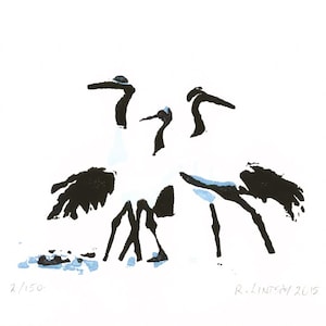 Japanese cranes original linocut print (A6) - limited edition