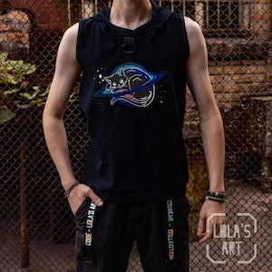 Galaxy Cat Sagi Techwear Unisex Top: Holographic Streetwear, Handmade