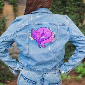 Magical Embroidered fox jean jacket, fox streatwear, harajuku, pastelgoth, soft, girl denim jacket by Lola&#39;s art