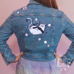 Mr. Muffin cat embroidered jean jacket, cat streatwear, harajuku, gamer cat, soft, girl jacket by Lola&#39;s art