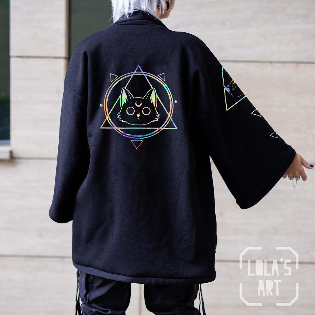 Witchy Cat, Techwear Style Kimono, Pink Haori, Glittery Handmade