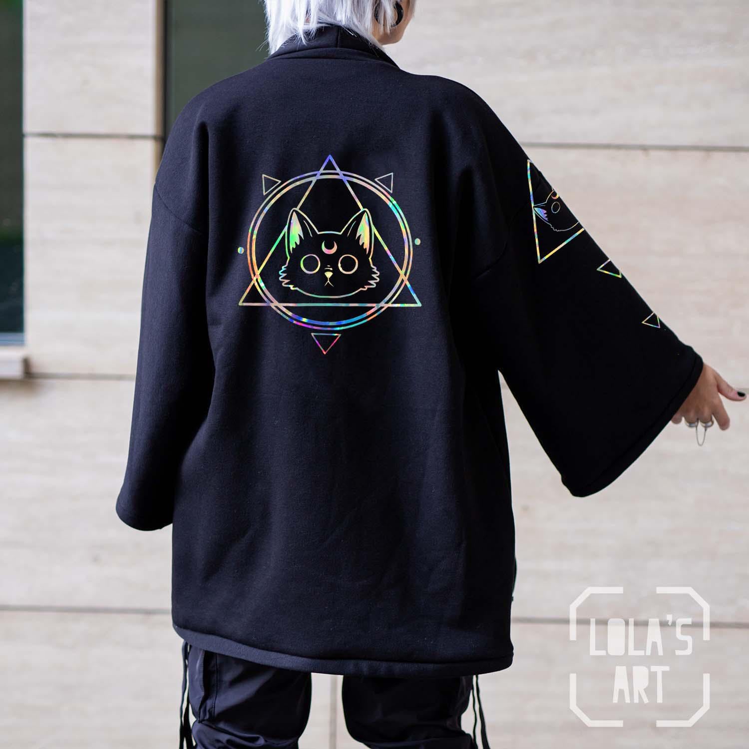 Witchy Cat, Techwear Style Kimono, Pink Haori, Glittery