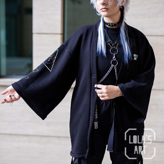 Witchy Cat, Techwear Style Kimono, Pink Haori, Glittery Handmade