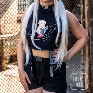 Carina Galaxy Cat Holographic Crop Top: Techwear Streetwear by Lola's Art
