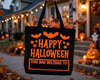Personalized Halloween Tote Bag | Black Canvas Trick-or-Treat Bag (Name Option)