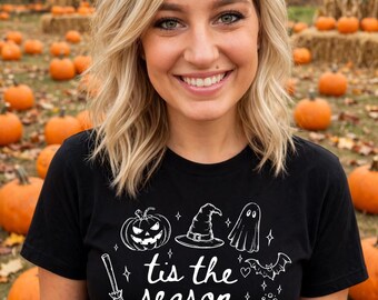 Tis the Season Halloween Doodle Tee | Spooky Ghost, Witch, Pumpkin Icons