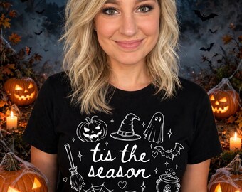 Tis the Season Halloween Doodle Tee | Spooky Ghost, Witch, Pumpkin Icons