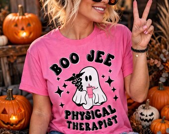 Boo Jee Physical Therapist Ghost Tee, Halloween PT Gift, Pink Tumbler Design