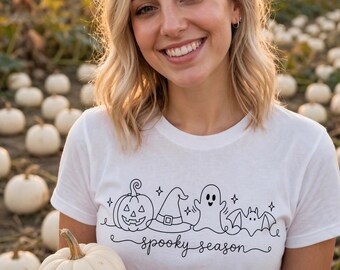Spooky Season Line Art Tee | Ghost, Pumpkin, Witch Hat, Bat (Cotton Blend)
