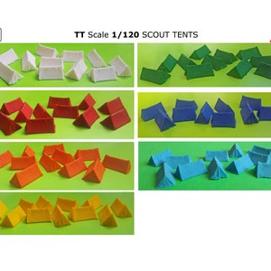 May include: A set of 1/120 scale scout tents in various colors, including white, red, green, blue, and yellow. The tents are made of felt and are designed for use in model railroading or other miniature settings. TT Scale 1/120 Scout Tents.