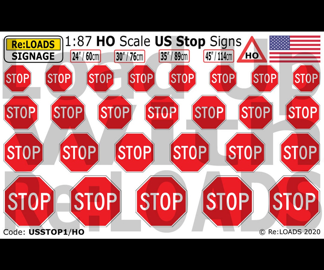 HO Scale Model Railroad Signs, STOP Signs, H0 Scale Model Train Signs
