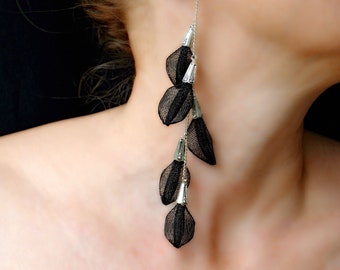 Extra long black dangle tear drop earrings, Silver chain unusual earrings, Trendy everyday earrings, Contemporary jewelry