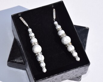 White turquoise crystal earrings, Long stone earrings, Rhinestone drop earrings, Bridal earrings, Stone jewelry