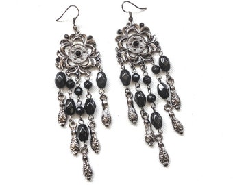 Black obsidian dangle long earrings, Victorian Chandelier earrings, Goth weddings earring, Protection stone earrings