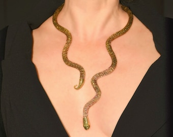 Long gold snake necklace, Serpent necklace, Rhinestone statement necklace, Open collar necklace, Unique women custom animal jewelry