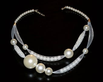 White multi strand chunky pearl necklace, Nylon/rubber mesh tube necklace, Beaded statement necklace, Rubber jewelry, Pearl jewelry