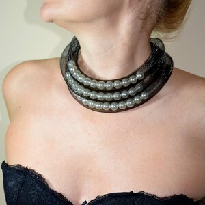 Chunky mesh tubing pearl choker necklace, Large mesh tubing beaded choker, Multi strand black tube necklace, Contemporary  Pearl jewelry