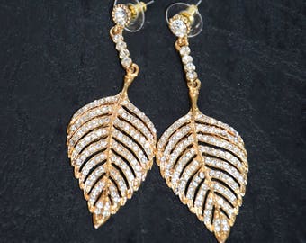 Rhinestone leaf gold dangle earrings, CZ crystal bridal/ party earrings