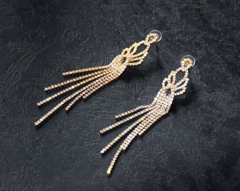 Gold rhinestone tassel earrings bridal gift, Prom fringe crystal earrings, Wedding dangle drop earrings