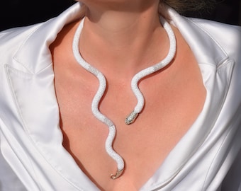 Long white/ silver snake choker necklace, Open cuff choker, Beaded flexible shake, Bendable serpent collar, Reptile jewelry, Handmade choker