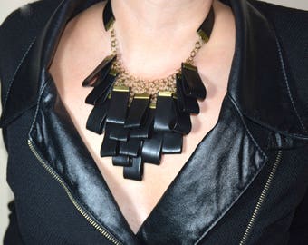 Black statement faux leather collar necklace chainmail