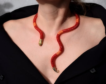 Red and gold snake choker, Flexible serpent necklace, Bendable ouroboros collar, Reptile necklace, Snake  jewellery, Ouroboros jewelry