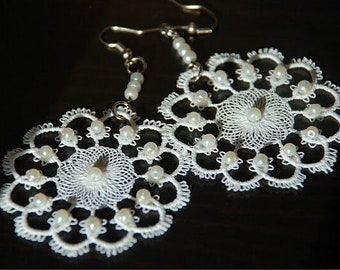 Crochet embroidered snowflake earrings, Oversized Christmas  earrings, White winter dangle earrings, Handmade  jewelry