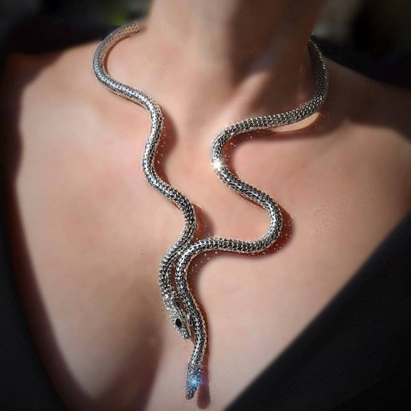 Long bendable silver snake choker necklace, Gold open serpent necklace, Black gun reptile choker, Serpent animal jewelry