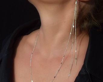 Extra long silver chain earrings, Connected necklace earrings, Dangle shoulder earrings,  Festival Jewelry, Chain jewelery, Silver jewelry,