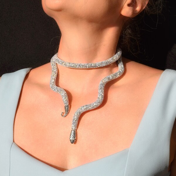 Collier long choker serpent, collier serpent en strass argenté, collier reptile étincelant FLEXIBLE, collier animal pliable, bijoux serpent