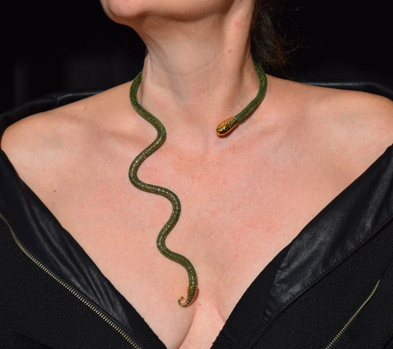 Long snake necklace, Gold serpent choke, Green snake FLEXIBLE, BENDABLE reptile choker, Snake jewelry, Serpent jewellery image 4