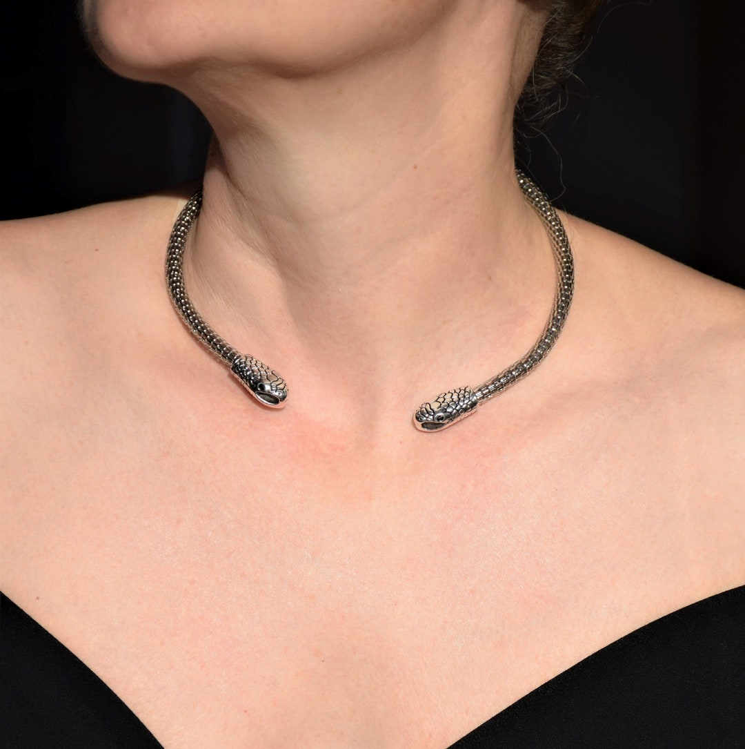 Silver Snake Choker, Snake Torc Necklace, Open Cuff Choker, Bendable