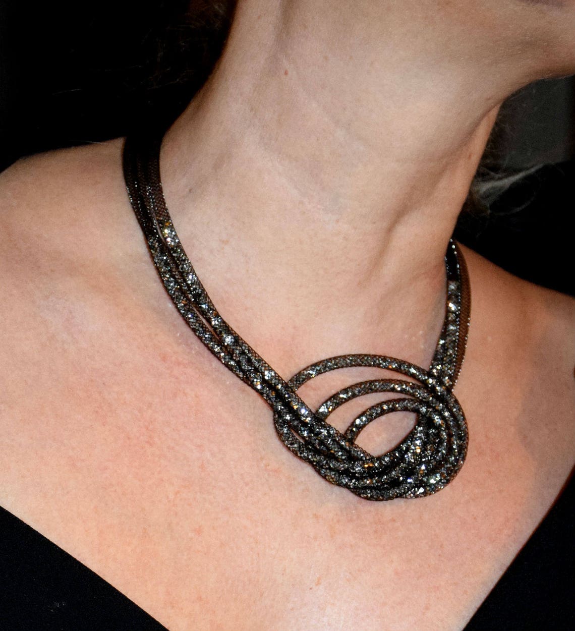 Statement Long Necklace Multistrand Rhinestone Necklace Collar Etsy